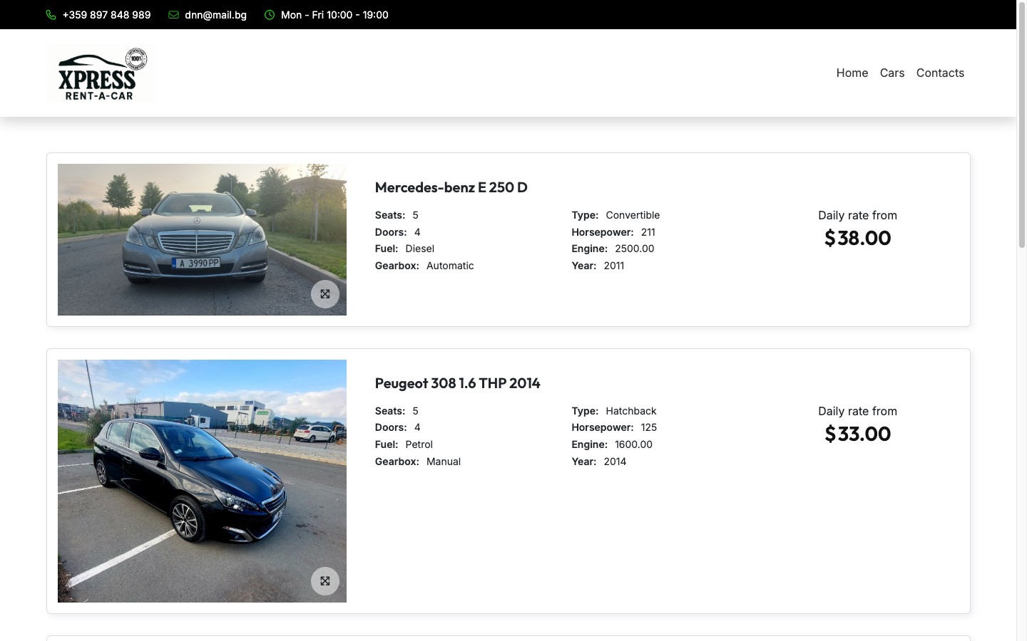 The Xpress Rent-a-Car website with the current fleet